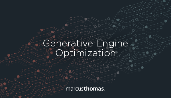 Dark futuristic technology-themed background with interconnected digital circuit lines in blue and red tones, featuring the title “Generative Engine Optimization” centered in white text and the Marcus