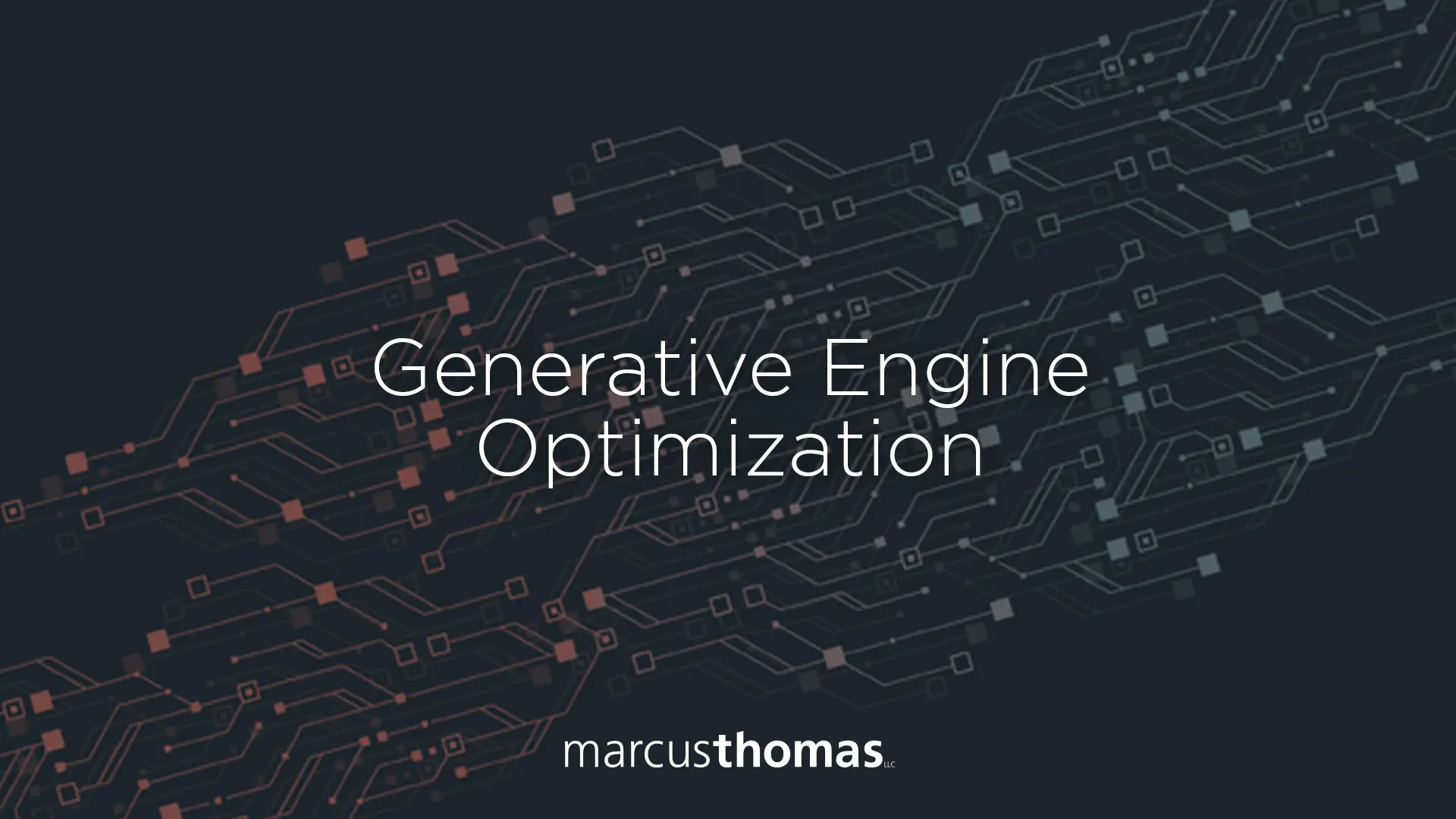 Dark futuristic technology-themed background with interconnected digital circuit lines in blue and red tones, featuring the title “Generative Engine Optimization” centered in white text and the Marcus
